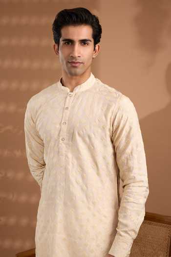 SPRING BREAK_Ivory Silk, Cotton Embroidered Kurta And Pant Set _at_Aza_Fashions