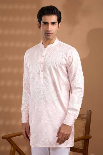 Shop Spring Break Pink Silk, Cotton Embroidered Kurta And Pant Set Online at Aza Fashions Shop_Spring Break_Pink Silk, Cotton Embroidered Kurta And Pant Set _Online_at_Aza_Fashions