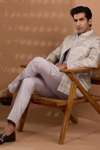 Spring Break_Grey Silk, Cotton Satin Embroidery Bandhgala Jacket Set _Online_at_Aza_Fashions