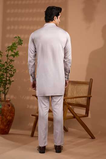 Shop_Spring Break_Grey Silk, Cotton Satin Embroidery Bandhgala Jacket Set _Online_at_Aza_Fashions