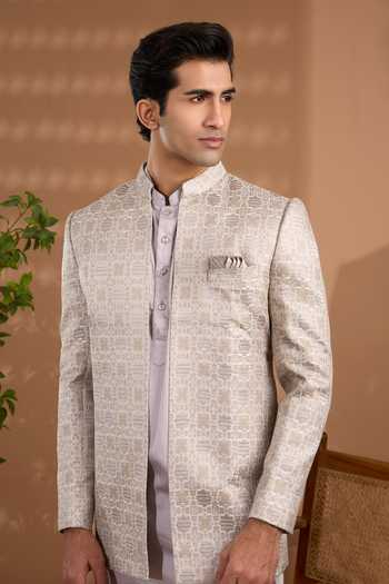 Spring Break_Grey Silk, Cotton Satin Embroidery Bandhgala Jacket Set _at_Aza_Fashions