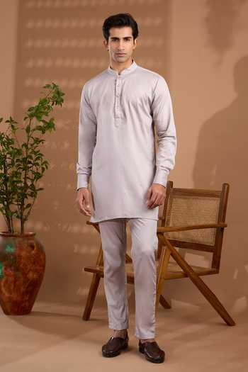 Buy_Spring Break_Grey Silk, Cotton Satin Embroidery Bandhgala Jacket Set 