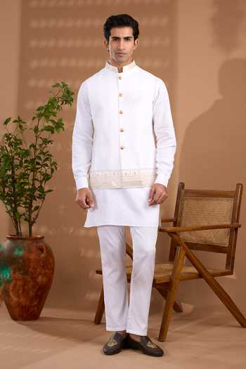 Spring Break Border Embroidered Nehru Jacket & Kurta Set 