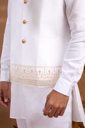 Spring Break White Silk, Cotton Satin Border Embroidered Nehru Jacket And Kurta Set Online at Aza Fashions Spring Break_White Silk, Cotton Satin Border Embroidered Nehru Jacket And Kurta Set _Online_at_Aza_Fashions