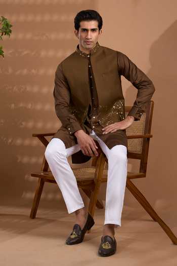 Spring Break Brown Silk, Cotton Satin Foil Print Nehru Jacket And Kurta Set Online at Aza Fashions Spring Break_Brown Silk, Cotton Satin Foil Print Nehru Jacket And Kurta Set _Online_at_Aza_Fashions