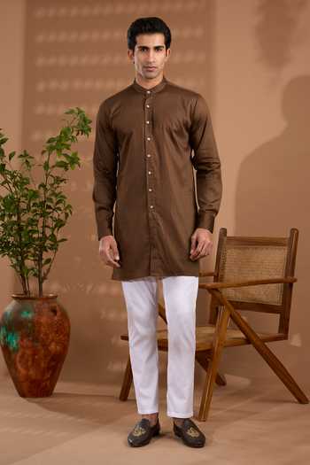Shop Spring Break Brown Silk, Cotton Satin Foil Print Nehru Jacket And Kurta Set Online at Aza Fashions Shop_Spring Break_Brown Silk, Cotton Satin Foil Print Nehru Jacket And Kurta Set _Online_at_Aza_Fashions