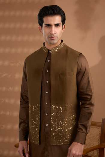 Spring Break Brown Silk, Cotton Satin Foil Print Nehru Jacket And Kurta Set at Aza Fashions Spring Break_Brown Silk, Cotton Satin Foil Print Nehru Jacket And Kurta Set _at_Aza_Fashions