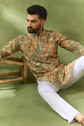 Buy_Spring Break_Green Silk, Cotton Botanical Print Kurta And Pant Set _Online_at_Aza_Fashions