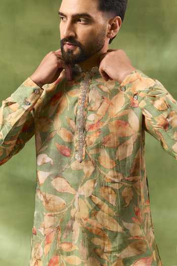 Shop_Spring Break_Green Silk, Cotton Botanical Print Kurta And Pant Set _Online_at_Aza_Fashions