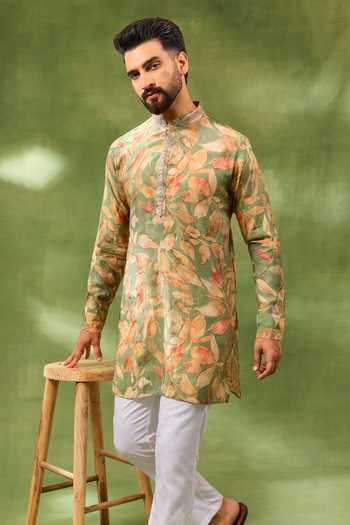 Spring Break_Green Silk, Cotton Botanical Print Kurta And Pant Set _at_Aza_Fashions