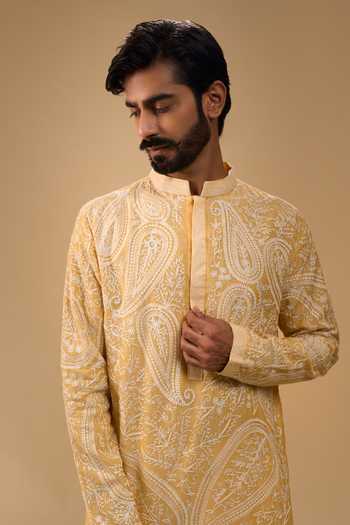 Buy_Arihant Rai Sinha_Orange Chanderi, Cotton Satin Embroidered Kurta And Pant Set _Online_at_Aza_Fashions