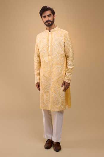 Shop_Arihant Rai Sinha_Orange Chanderi, Cotton Satin Embroidered Kurta And Pant Set _Online_at_Aza_Fashions