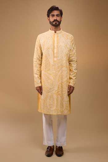 Arihant Rai Sinha_Orange Chanderi, Cotton Satin Embroidered Kurta And Pant Set _at_Aza_Fashions