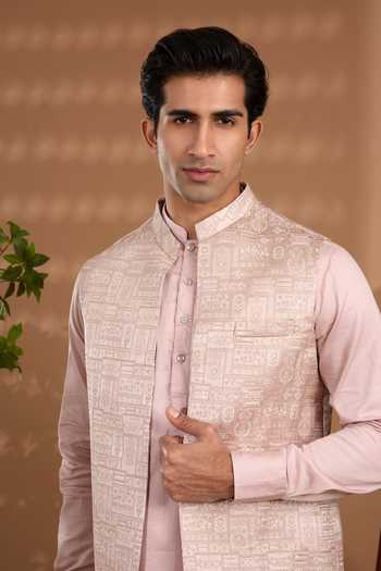 Spring Break_Pink Silk, Cotton Satin Jacquard Woven Nehru Jacket Set _Online_at_Aza_Fashions