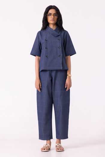 Buy_The Summer House_Blue Cotton Katniss Handwoven Denim Barrel Pant 