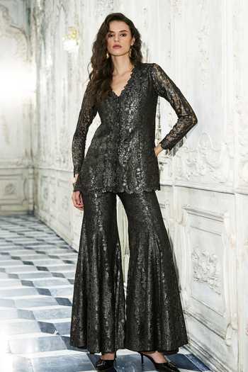 Dash And Dot_Grey Polyester Embroidery, Lace, Metallic Thread Flared Pant _at_Aza_Fashions