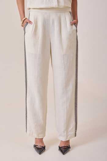Buy_Needleten_Beige Linen Embroidery Trouser _Online_at_Aza_Fashions