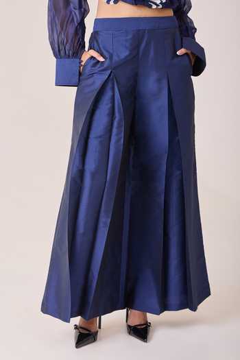 Buy_Needleten_Blue Taffeta Straight Flared Palazzo _Online_at_Aza_Fashions