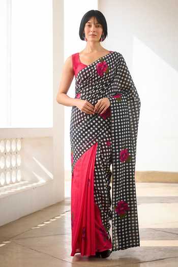 Dressfolk Checkered Pre-Draped Saree With Unstitched Blouse Piece 