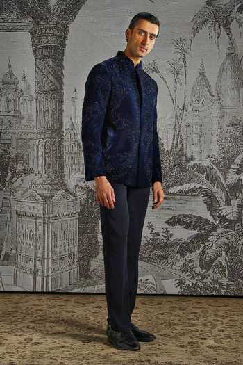 Asuka_Blue Velvet Sequins Tonal Embroidered Bandhgala And Trouser Set _at_Aza_Fashions