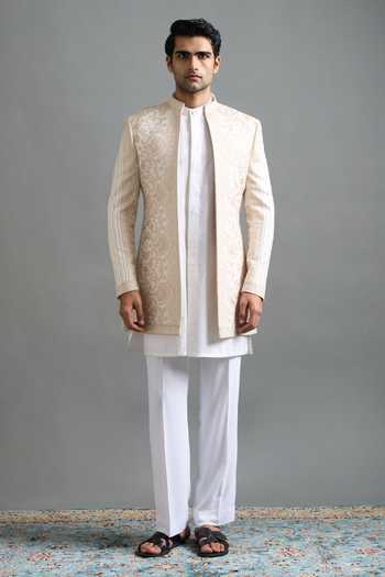 Shop_Gargee Designers_White Embroidery Aaryan Woven Bandhgala Jacket Set _Online_at_Aza_Fashions