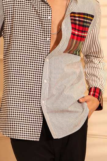 Rohit Doshi_Black Cotton All Mix Roll Checks And Striped Shirt _Online_at_Aza_Fashions