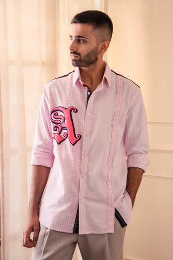 Rohit Doshi Pink Cotton All Mix Roll Striped And Checks Shirt Online at Aza Fashions Rohit Doshi_Pink Cotton All Mix Roll Striped And Checks Shirt _Online_at_Aza_Fashions