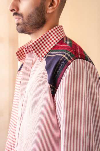 ROHIT DOSHI_Red Cotton All Mix Roll Checks And Stripe Print Shirt _Online_at_Aza_Fashions
