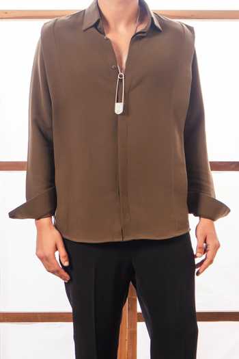 ROHIT DOSHI_Olive Green Polyester Edgewise Concealed Placket Shirt _Online_at_Aza_Fashions