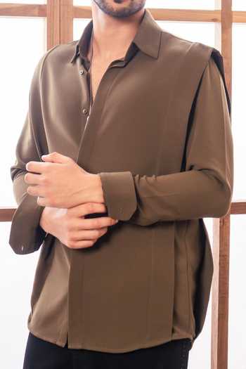 Buy_ROHIT DOSHI_Olive Green Polyester Edgewise Concealed Placket Shirt _Online_at_Aza_Fashions