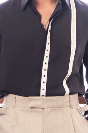 ROHIT DOSHI_Grey Polyester Rivedge Contrast Trim Shirt _Online_at_Aza_Fashions