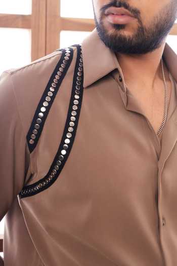 ROHIT DOSHI_Brown Polyester Bullets Contrast Trim Shirt _Online_at_Aza_Fashions