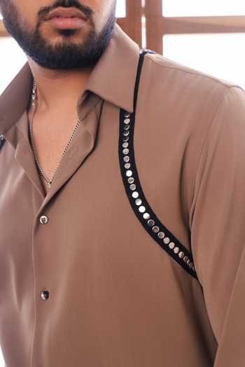 Buy_ROHIT DOSHI_Brown Polyester Bullets Contrast Trim Shirt _Online_at_Aza_Fashions