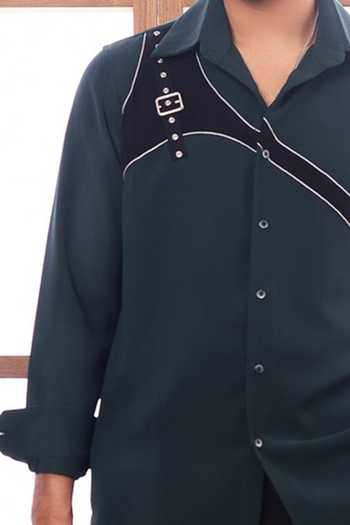 ROHIT DOSHI_Green Polyester Armour Color Block Trim Shirt _Online_at_Aza_Fashions