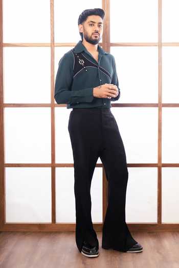 Buy_ROHIT DOSHI_Green Polyester Armour Color Block Trim Shirt _Online_at_Aza_Fashions