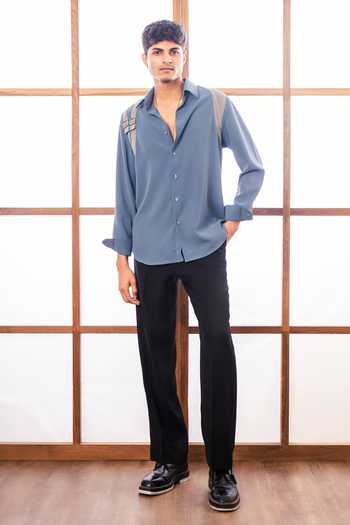 Buy Rohit Doshi Blue Crepe Armour Petrol Shoulder Strap Shirt Online at Aza Fashions Buy_Rohit Doshi_Blue Crepe Armour Petrol Shoulder Strap Shirt _Online_at_Aza_Fashions