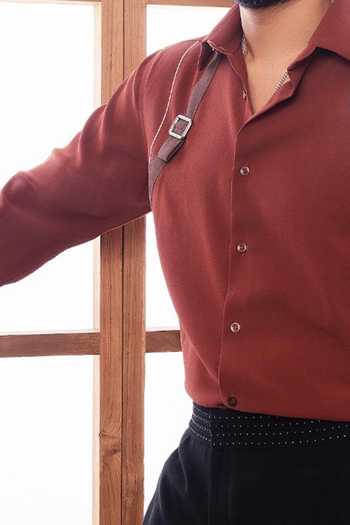 ROHIT DOSHI Brown Crepe, Polyester Armour Color Block Strap Shirt Online at Aza Fashions ROHIT DOSHI_Brown Crepe, Polyester Armour Color Block Strap Shirt _Online_at_Aza_Fashions