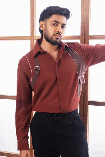 Shop ROHIT DOSHI Brown Crepe, Polyester Armour Color Block Strap Shirt at Aza Fashions Shop_ROHIT DOSHI_Brown Crepe, Polyester Armour Color Block Strap Shirt _at_Aza_Fashions