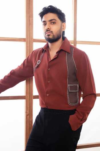 Buy ROHIT DOSHI Brown Crepe, Polyester Armour Color Block Strap Shirt at Aza Fashions Buy_ROHIT DOSHI_Brown Crepe, Polyester Armour Color Block Strap Shirt _at_Aza_Fashions