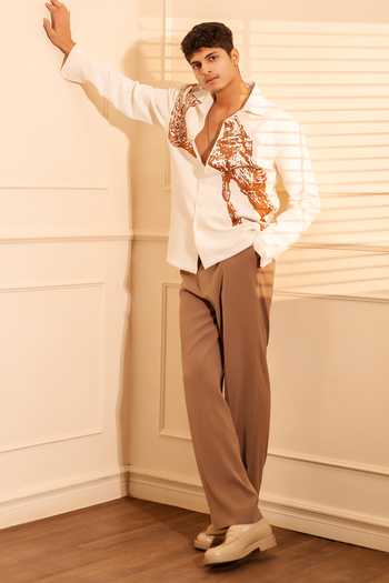 Buy_ROHIT DOSHI_Off White Polyester, Twill Across Front Abstract Pattern Shirt _Online_at_Aza_Fashions