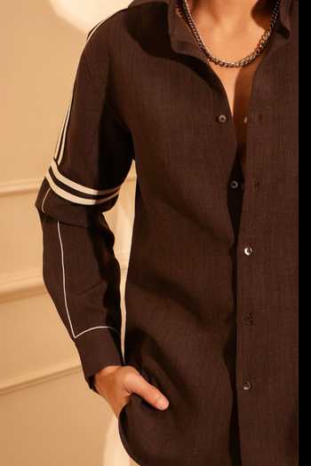 ROHIT DOSHI_Brown Polyester, Twill Elbowed Contrast Trim Shirt _Online_at_Aza_Fashions