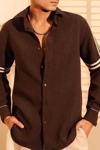 Buy_ROHIT DOSHI_Brown Polyester, Twill Elbowed Contrast Trim Shirt _Online_at_Aza_Fashions