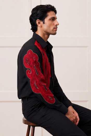 ROHIT DOSHI_Black Polyester Wounder Color Block Pattern Shirt _Online_at_Aza_Fashions