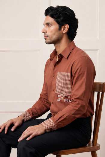 ROHIT DOSHI_Brown Cotton Meshmerize Checkered Patch Mushroom Shirt _Online_at_Aza_Fashions