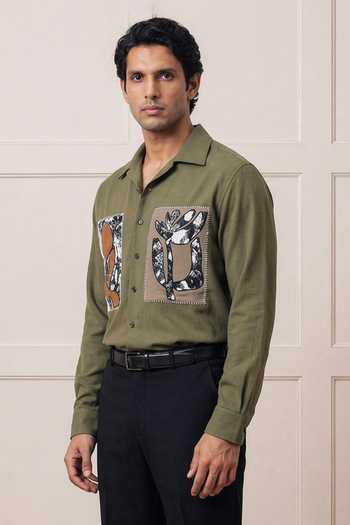 Rohit Doshi_Olive Green Polyester Earthetique Abstract Floral Patch Shirt _Online_at_Aza_Fashions