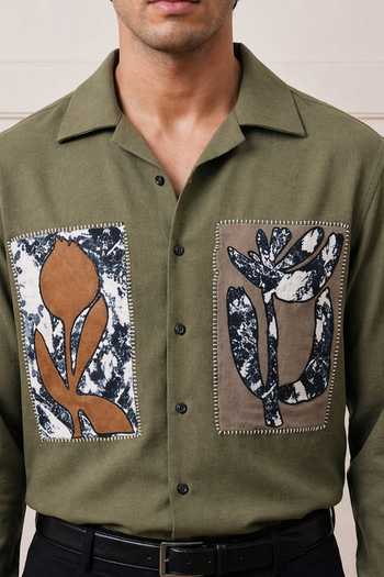 Buy_Rohit Doshi_Olive Green Polyester Earthetique Abstract Floral Patch Shirt _Online_at_Aza_Fashions