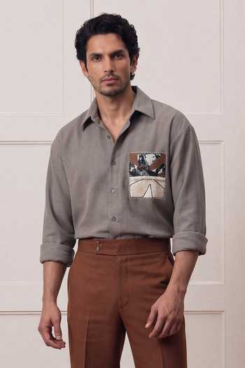 ROHIT DOSHI_Grey Polyester Soilhoutte Placement Patch Shirt _Online_at_Aza_Fashions