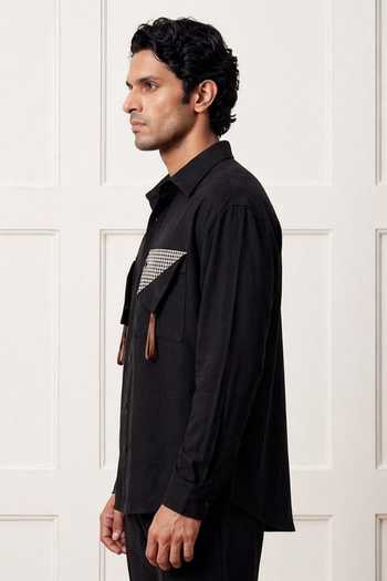 ROHIT DOSHI_Black Polyester Meshmerize Checkered Patch Pocket Shirt _Online_at_Aza_Fashions