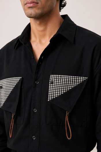 Buy_ROHIT DOSHI_Black Polyester Meshmerize Checkered Patch Pocket Shirt _Online_at_Aza_Fashions