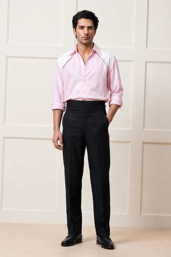 ROHIT DOSHI_Pink Cotton Crest Placed Trims Shirt _Online_at_Aza_Fashions